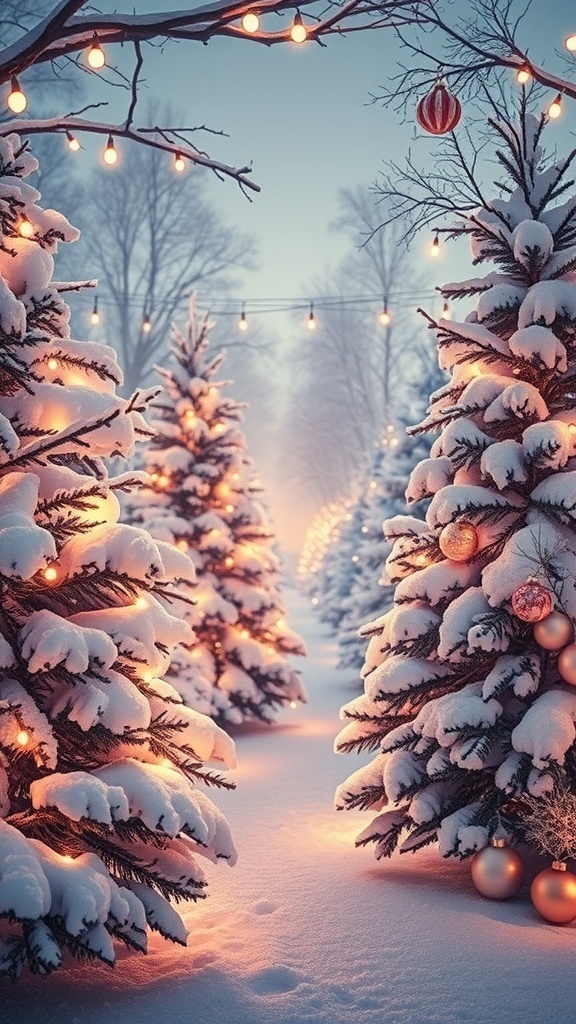 Aesthetic Christmas wallpaper inspired by Taylor Swift, showcasing a winter landscape with snow, lights, and festive decorations.